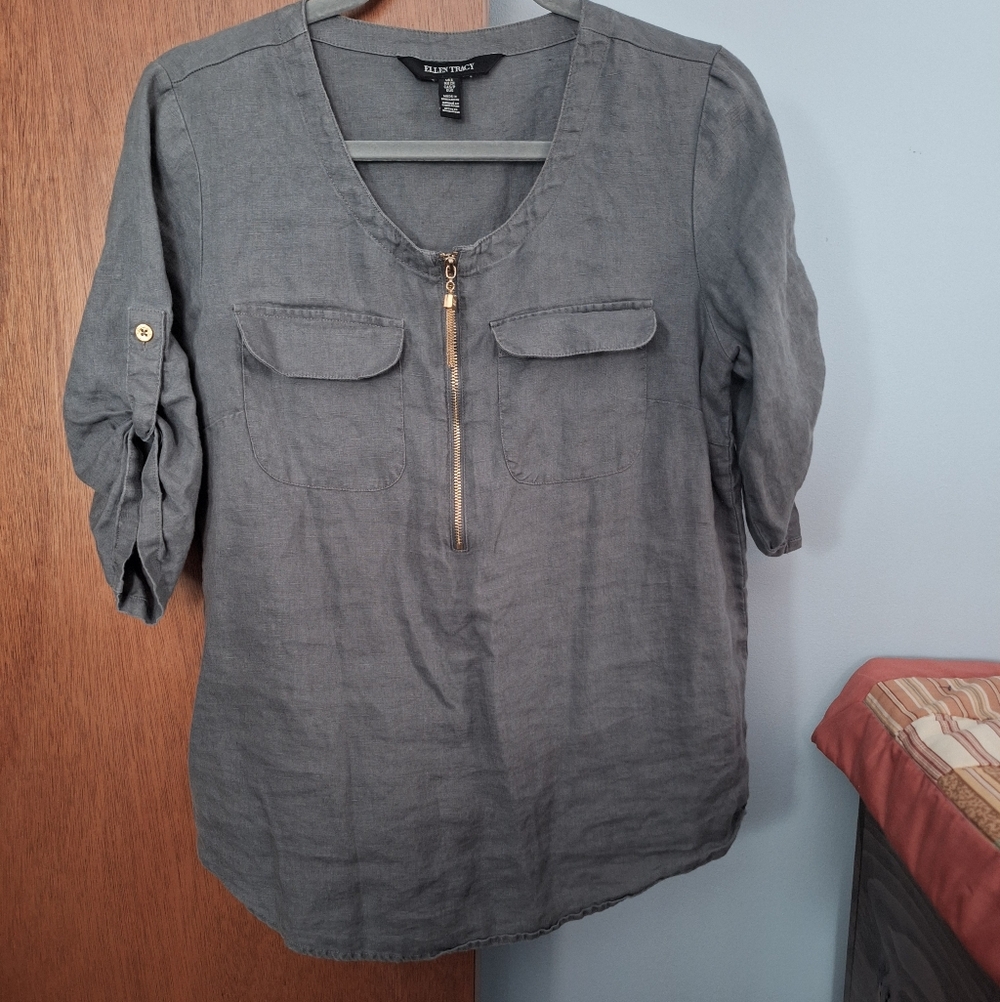 Final Price* Ellen Tracy Gray 1/2 Zip-Front 100% Linen Popover Women's Size S